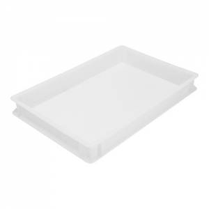 BAC EMPILABLE EXCL. COUVERCLE DIM. 60X40X7.5CM. INH. 14LTR. PLASTIQUE BLANC