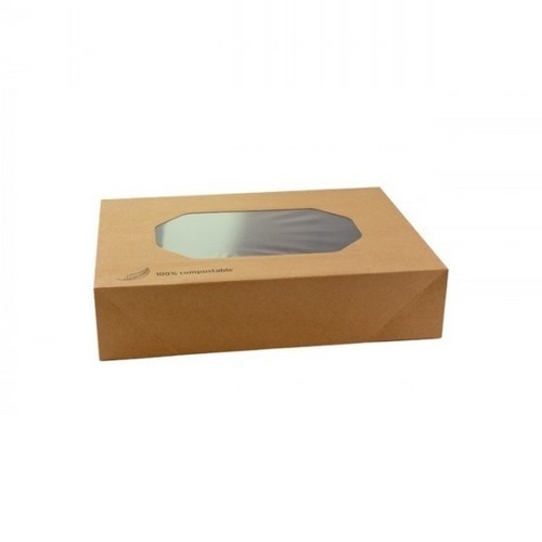 KRAFT CATERINGDOOS MET PLA VENSTER AFM. 36X25X8CM. DOOS À 50 STUKS