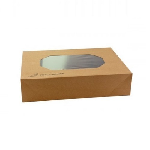 KRAFT CATERINGDOOS MET PLA VENSTER AFM. 46X32X8CM. DOOS À 50 STUKS