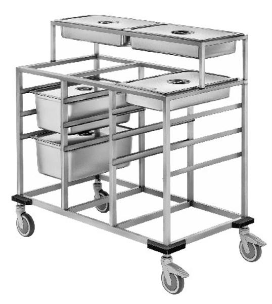 BAIN MARIE PORTIONEERWAGEN 3X GN 1/1 MET OPZET 2X GN 1/1 AFM. 64X112,5X113CM. RVS