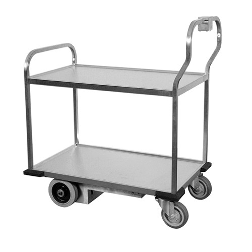 SERVEERWAGEN E-MOTION ELEKTRISCH RVS 2-PLATEAUS AFM. 108X63CM. H. 120CM. 2-BOK 2-ZWENKWIELEN