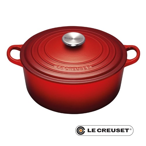 BRAADPAN M/DEKSEL DIAM. 20CM. INH. 2,4 LITER GIETIJZER KLEUR KERSENROOD LE CREUSET