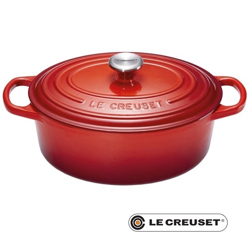 BRAADPAN OVAAL M/DEKSEL DIAM. 29CM. INH. 4,7 LITER GIETIJZER KLEUR KERSENROOD LE CREUSET