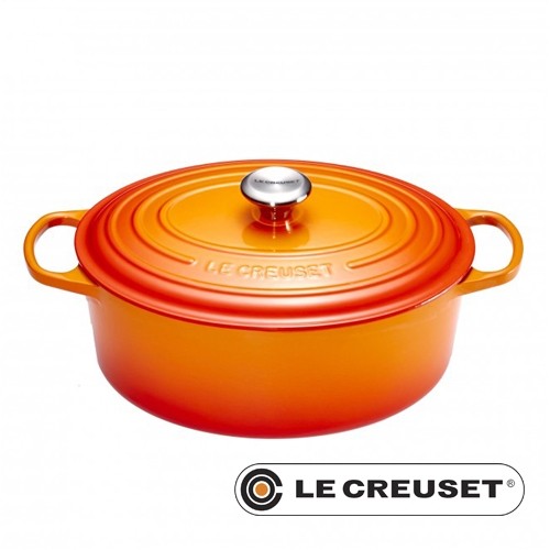 BRAADPAN OVAAL M/DEKSEL DIAM. 31CM. INH. 6,3 LITER GIETIJZER KLEUR ORANJE LE CREUSET