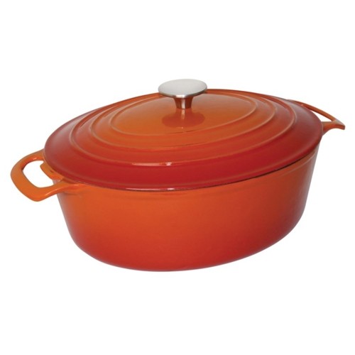 BRAADPAN OVAAL M/DEKSEL INH. 6LTR. GIETIJZER KLEUR ORANJE