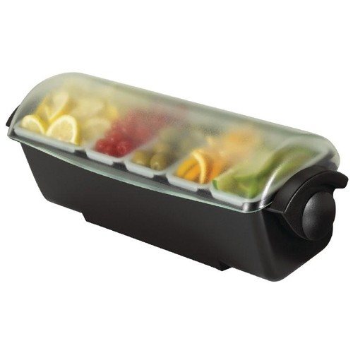 CONDIMENTENHOUDER MET DEKSEL 5-DELIG INCL. 2 CADDIES AFM. 58,5X15,5X15,5CM. INH. 4,4LTR. SAN JAMAR