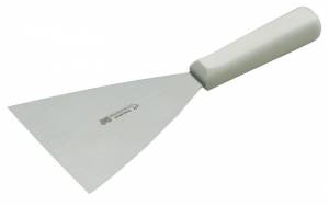 Bakplaatmes recht met wit kunststof handvat afm. 26cm. breedte 10cm.