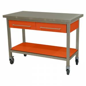 WERKTAFEL VERRIJDBAAR LADEN EN BODEMSCHAP IN VOLKERN KLEUR ORANJE AFM. 120X60X90CM.