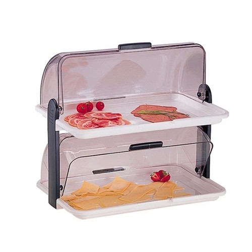 BUFFETVITRINE MET ROLTOP DEKSEL 2 NIVEAUS AFM. 47X31,5X(H)41,5CM. KUNSTSTOF