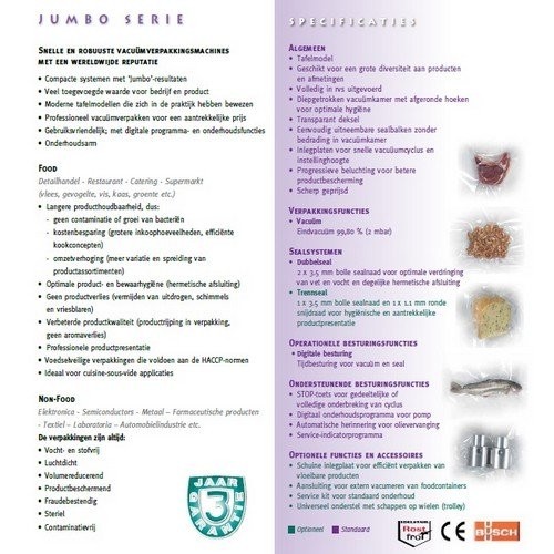 VACUUMVERPAKKINGSMACHINE JUMBO 30 RVS/TAFELMODEL, AFM. 45X52,5X37CM. VERMOGEN 230V-1-50Hz/0,40 kW