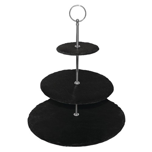 ETAGERE 3-NIVEAUS DIAM. 30CM. PLATEAUS VAN LEISTEEN. ROESTVRIJSTALEN STANDAARD