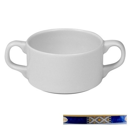 TASSE À SOUPE REEGEE 2/OREILLES CONT. 23CL. AVEC FOND PLAT BLANC AVEC DÉCOR EGYPTO BLUE NOVA