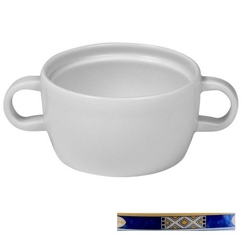 TASSE A SOUPE ERGO 2/OREILLES CONT. 23CL. FOND PLAT COULEUR BLANC AVEC DÉCOR BLEU EGYPTO NOVA