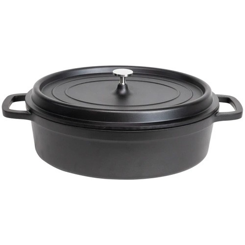 BRAADPAN OVAAL M/DEKSEL AFM. 35X29CM. INH. 7,5LTR. GEGOTEN ALUMINIUM MAT ZWART ALUCHEF