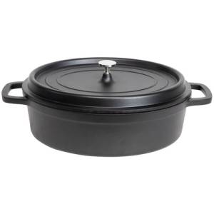 BRAADPAN OVAAL M/DEKSEL AFM. 35X29CM. INH. 7,5LTR. GIETIJZER MAT ZWART ALUCHEF