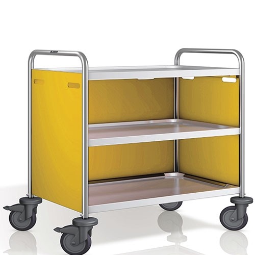 CHARIOT DE SERVICE INOX SW 10X6-3 FEUILLES PANNEAUX LATÉRAUX EN DIMENSIONS PANTONE RAL1032. 110X70X95CM. VIDE