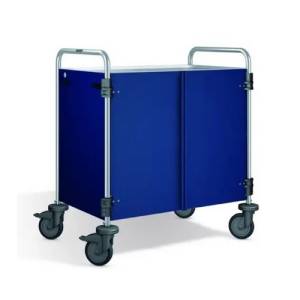 Serveerwagen rvs SW 8x5-3 bladen zijpanelen en deuren in zeeblauw afm. 93x60x95cm. b.ro