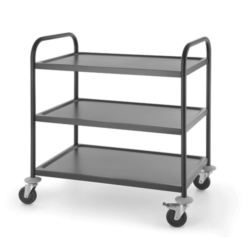 Serveerwagen mat zwart afmeting 910x590x950cm. rvs 3-plateaus 4 wielen(2/rem)