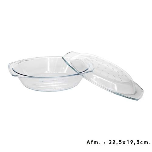 OVENSCHAAL ROND M/DEKSEL INH. 2,9LTR. AFM. 32,5X19,5CM. HOOGTE INCL. DEKSEL 9CM.