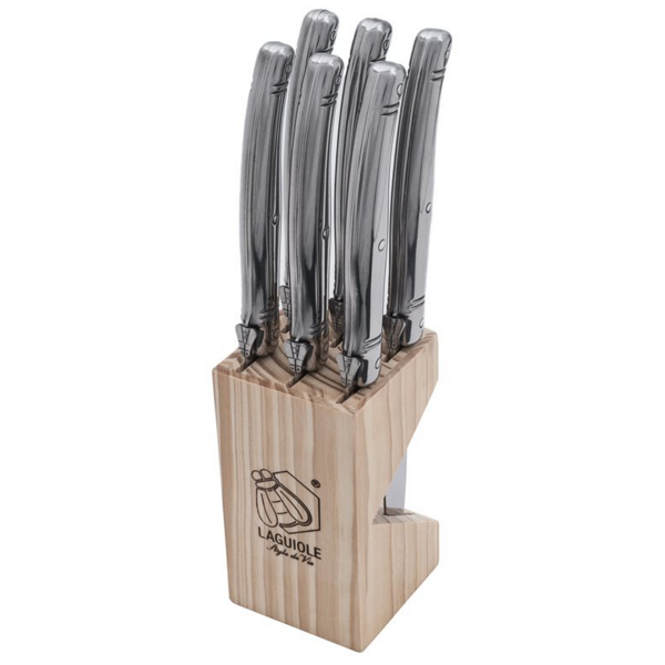 COUTEAU A STEAK LAGUIOLE SET DE 6 PIECES INOX AVEC BLOC EN BOIS