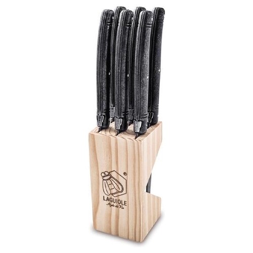 COUTEAU A STEAK LAGUIOLE SET DE 6 PIECES STONEWASH AVEC BLOC EN BOIS