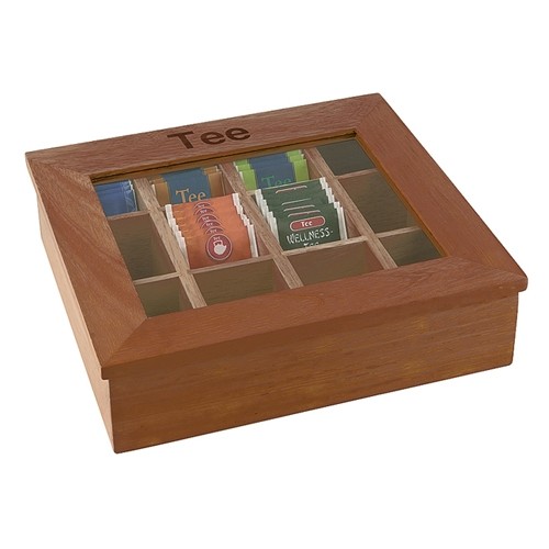 THEEDOOS 12-VAKS AFM. 31X28CM. MET TEE INSCRIPTIE DONKER HOUT 