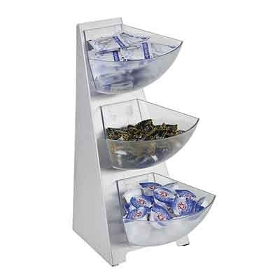 BUFFETDISPLAY-/STANDAARD 3-DELIG MULTIREK AFM. 19X24X41CM. RVS/KUNSTSTOF